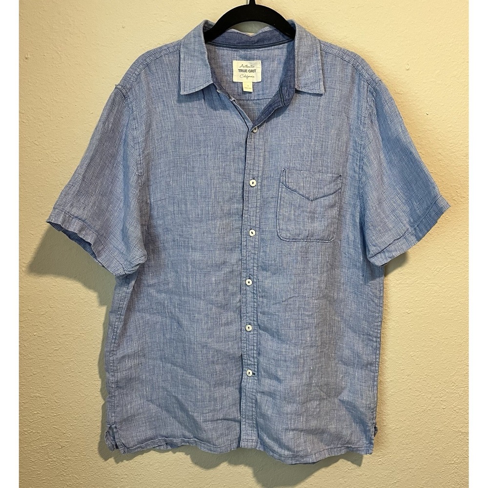 True Grit Men's Linen Shirt Size Medium Blue Short Sleeve Button-Up Shirt